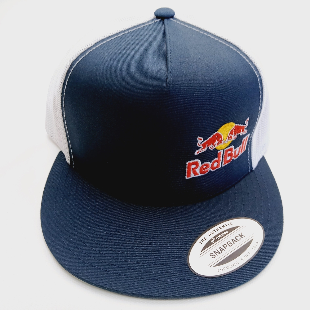 Blue and White Mesh Flatbill Snapback Red Bull Embroidered Logo Hat